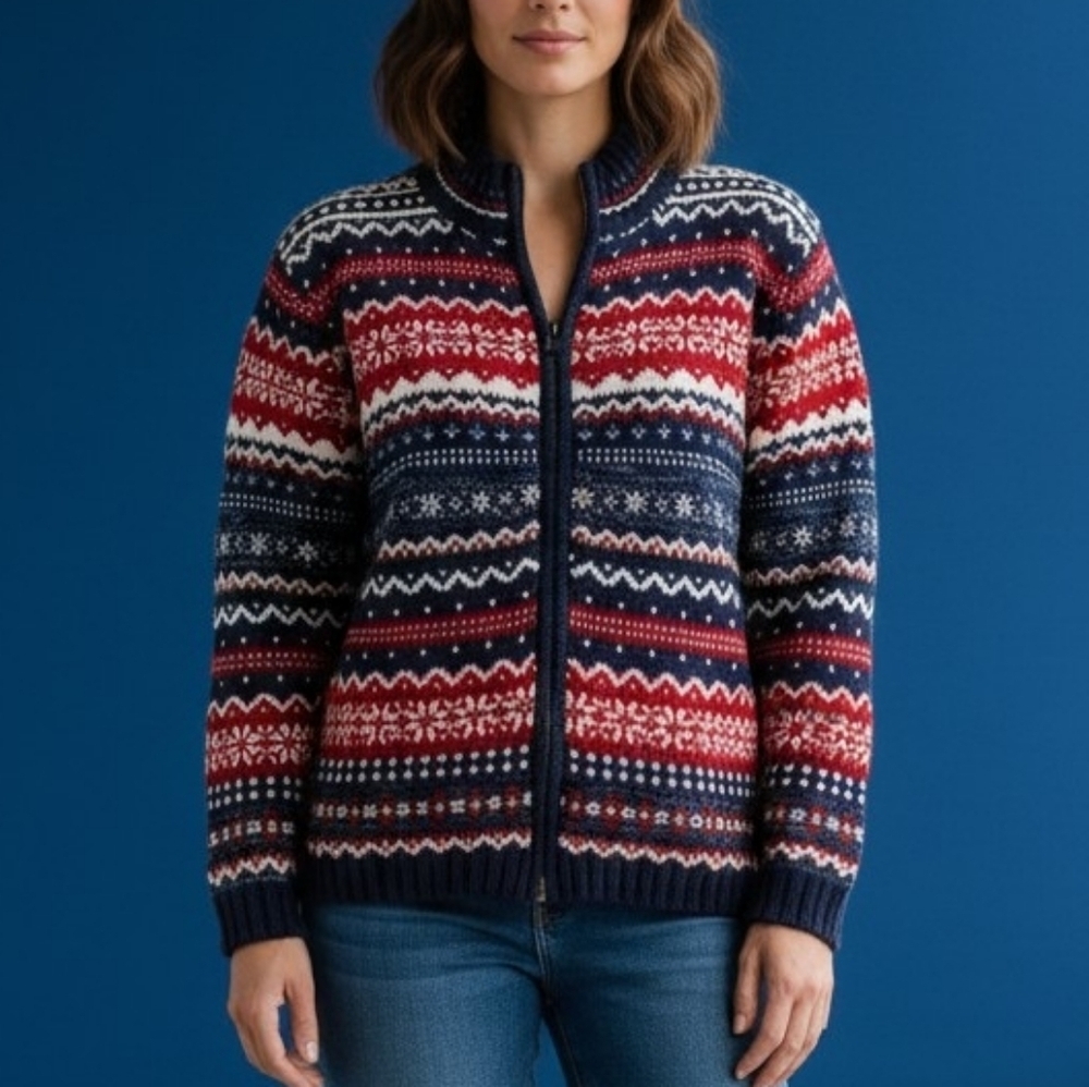 HEIRLOOM COLLECTIBLES Fair Isle Zip Christmas Snowflake Cardigan Sweater